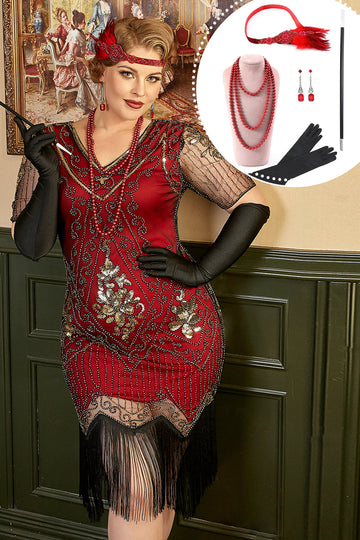 Czerwona Plus Size Sukienka Wielki Gatsby z Frędzlami z Zestawem Akcesoria Lata 20